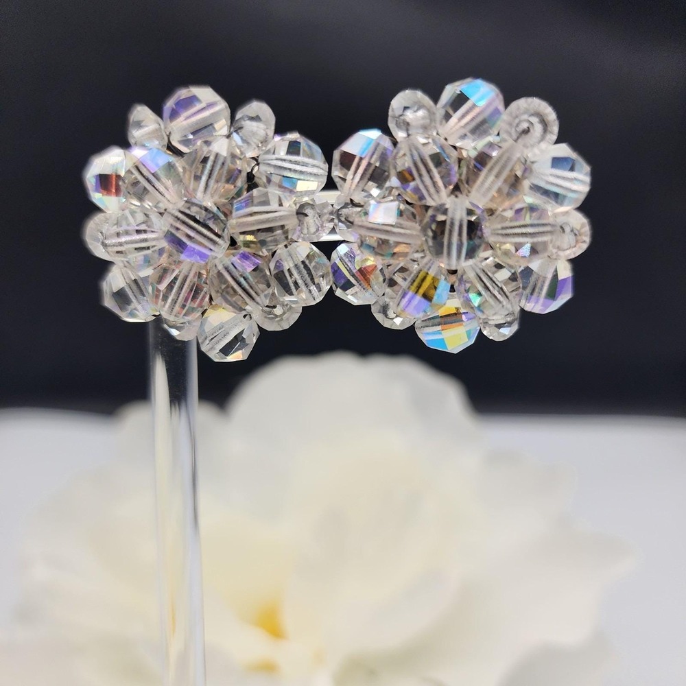 Vintage West Germany AB Crystal Cluster Clip On Earrings - Mid Century